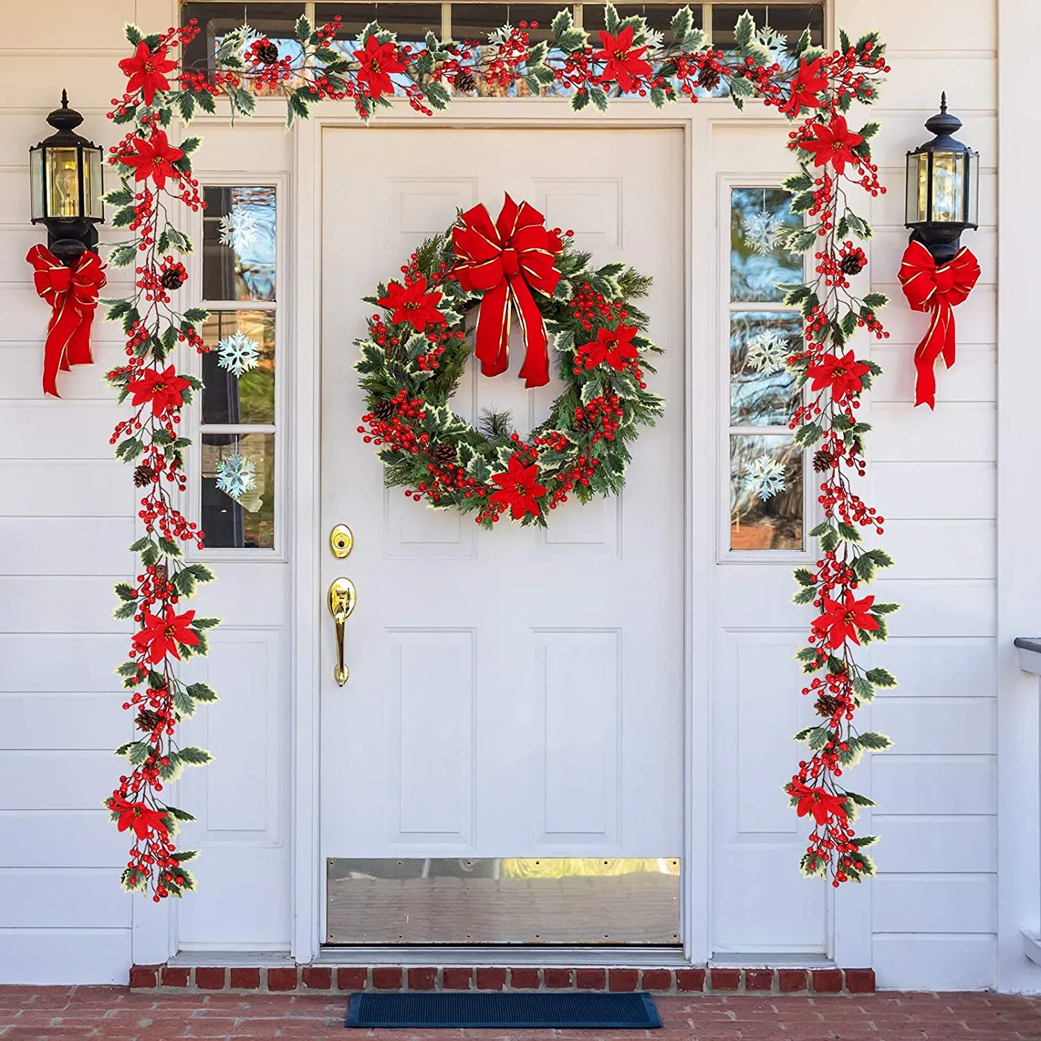 LED Christmas Wreath String Lights with Red Berries and Faux Leaves