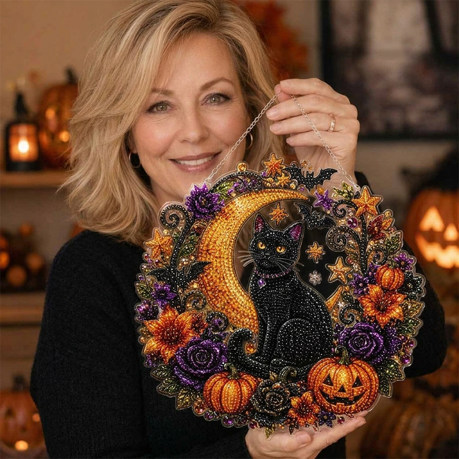 🔥Last Day 50% OFF-🎃Halloween Black Cat Moon Diamond Art Hanging Ornament Kit