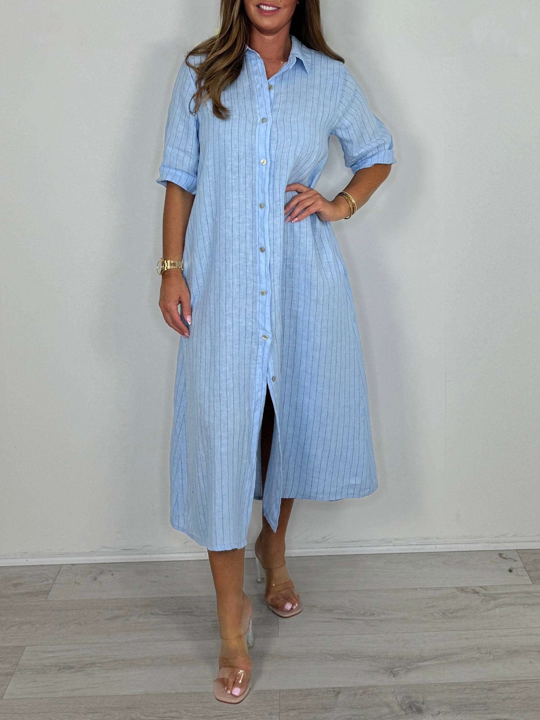 Linen Pinstripe Shirt Dress