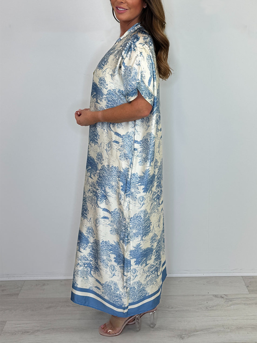 Silk Mix Tree/Animal Pattern V-Neck Short Sleeve Maxi Dress