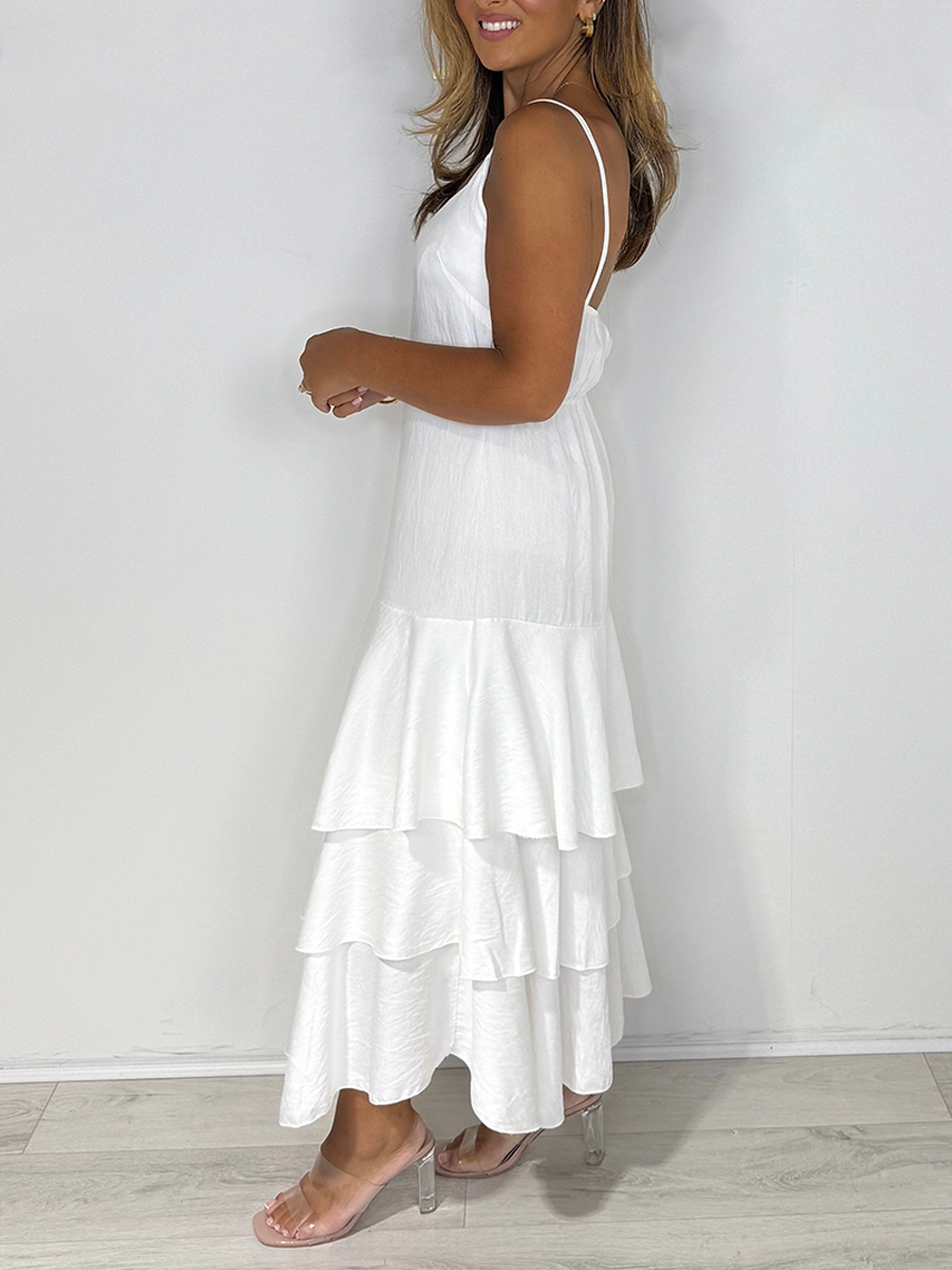 White Spaghetti Strap Ruffle Frill Hem Maxi Dress