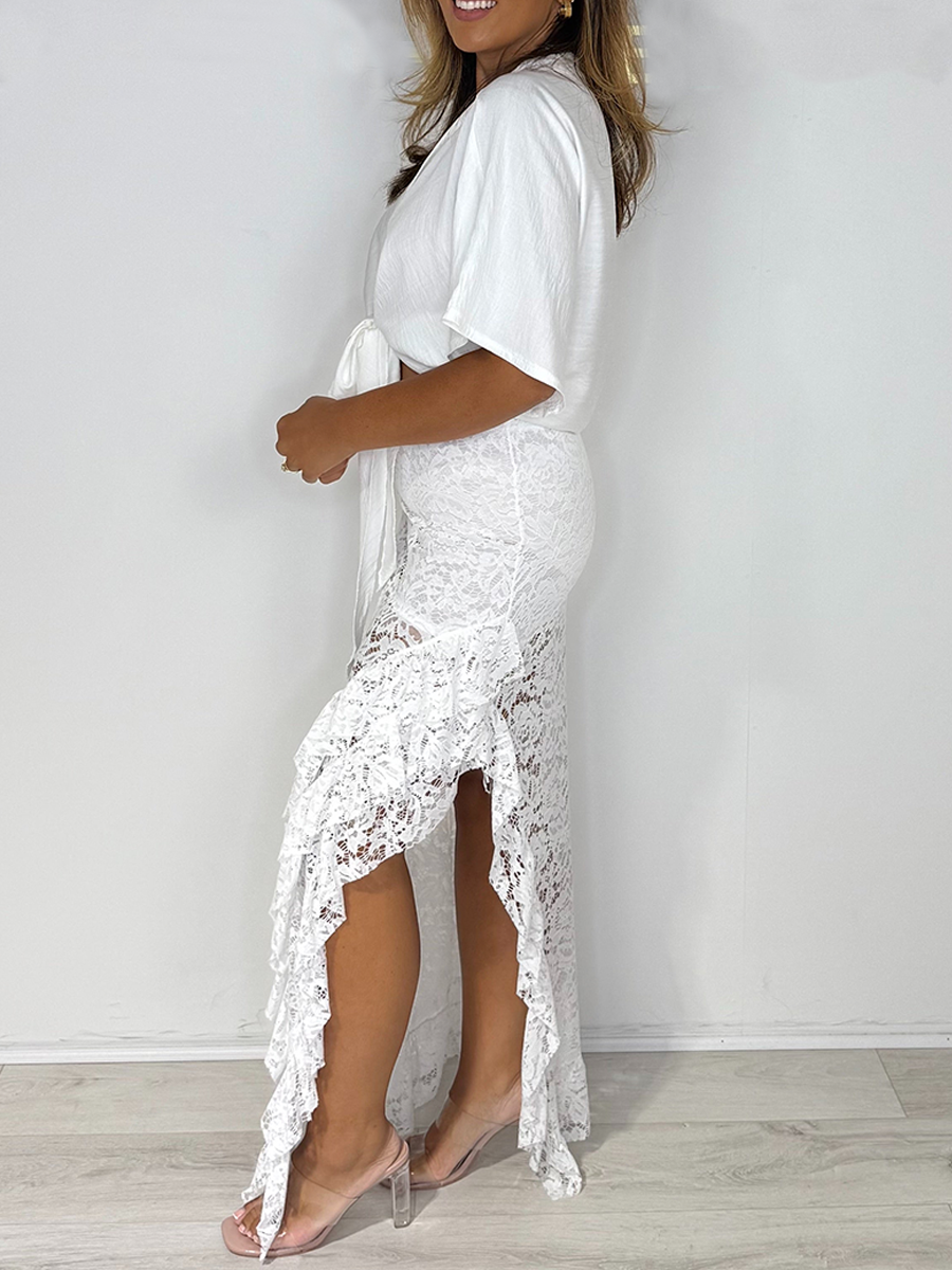 Tie Up Top & Lace Side Split Frill Maxi Skirt Co-ord