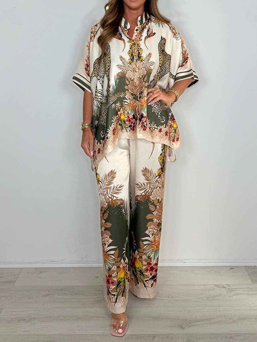 Silk Mix Cheetah & Bird Button Up Shirt & Trouser Co-Ord