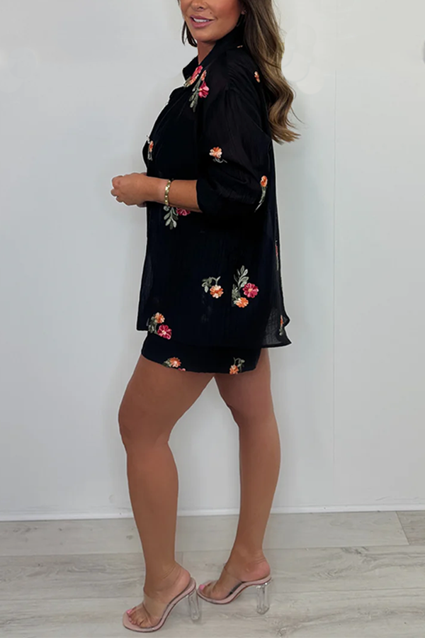 Black Embroidered Flower Shirt & Short Co-ord