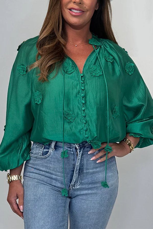 3D Flower Sheer Button Up Blouse