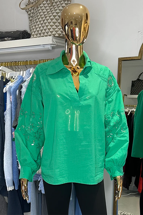 V-Neck Embroidered Sequin Sleeve Shirt