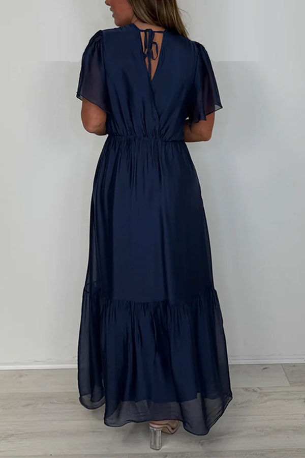 Silk Mix V-Neck Frill Short Sleeve Maxi Dress