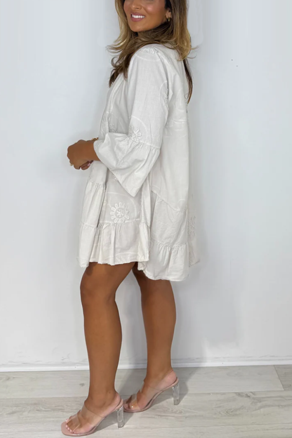 Beige Flower Grandad Collar Smocked Dress