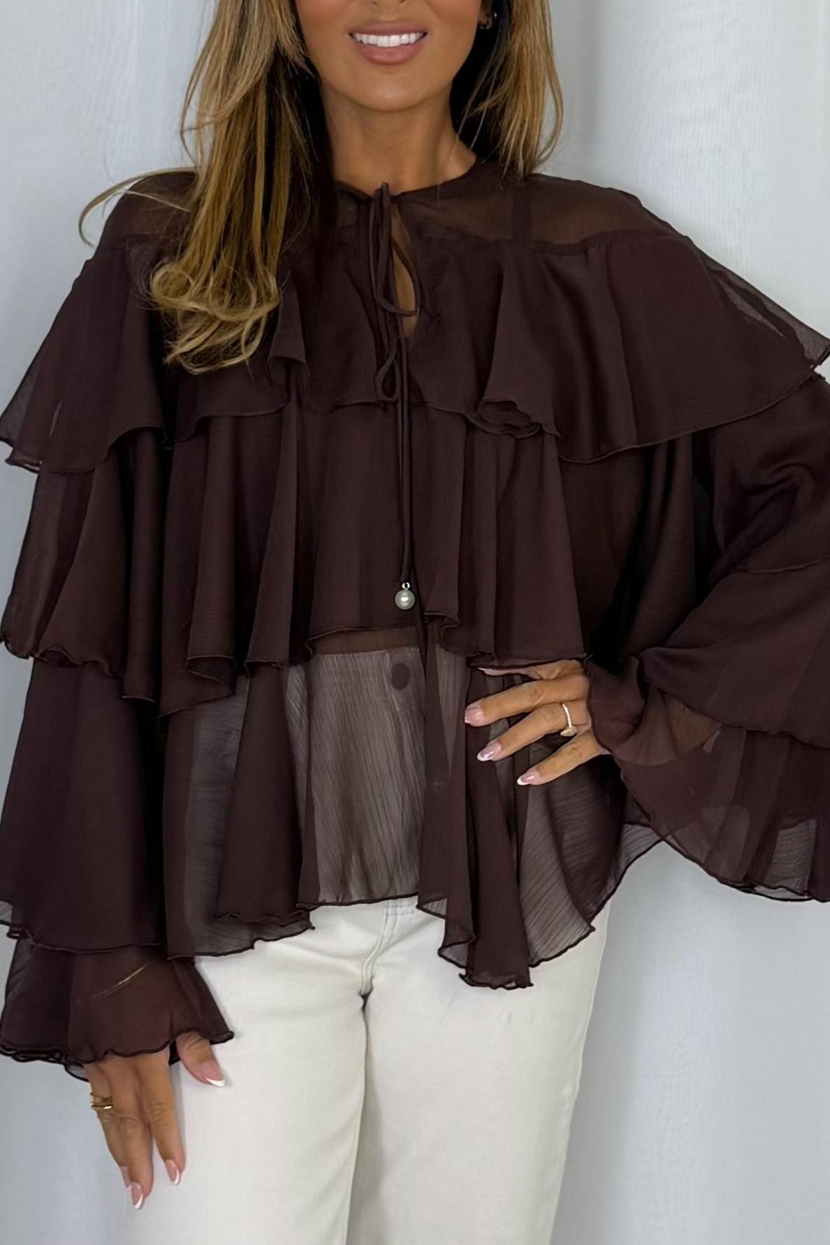 Keyhole Pearl Button Frill Layered Blouse