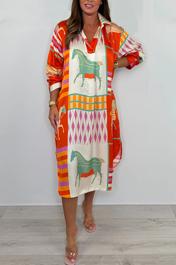 Silk Mix Orange/Cream Horse Print V-Neck Oversize Dress