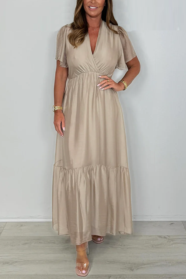 Silk Mix V-Neck Frill Short Sleeve Maxi Dress