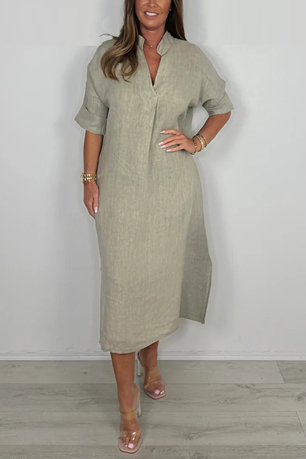 Linen Short Sleeve Maxi Dress With Pockets