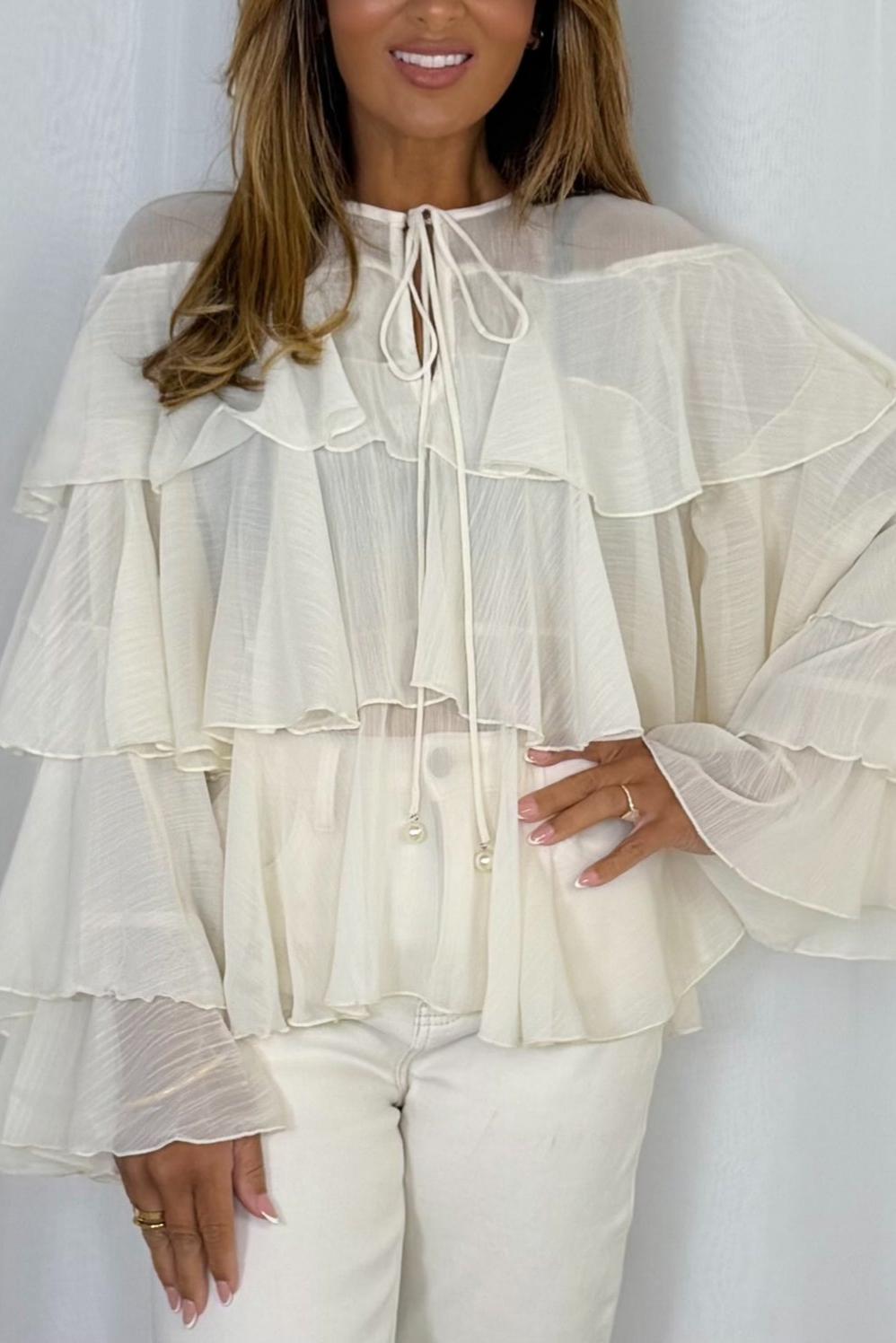 Keyhole Pearl Button Frill Layered Blouse