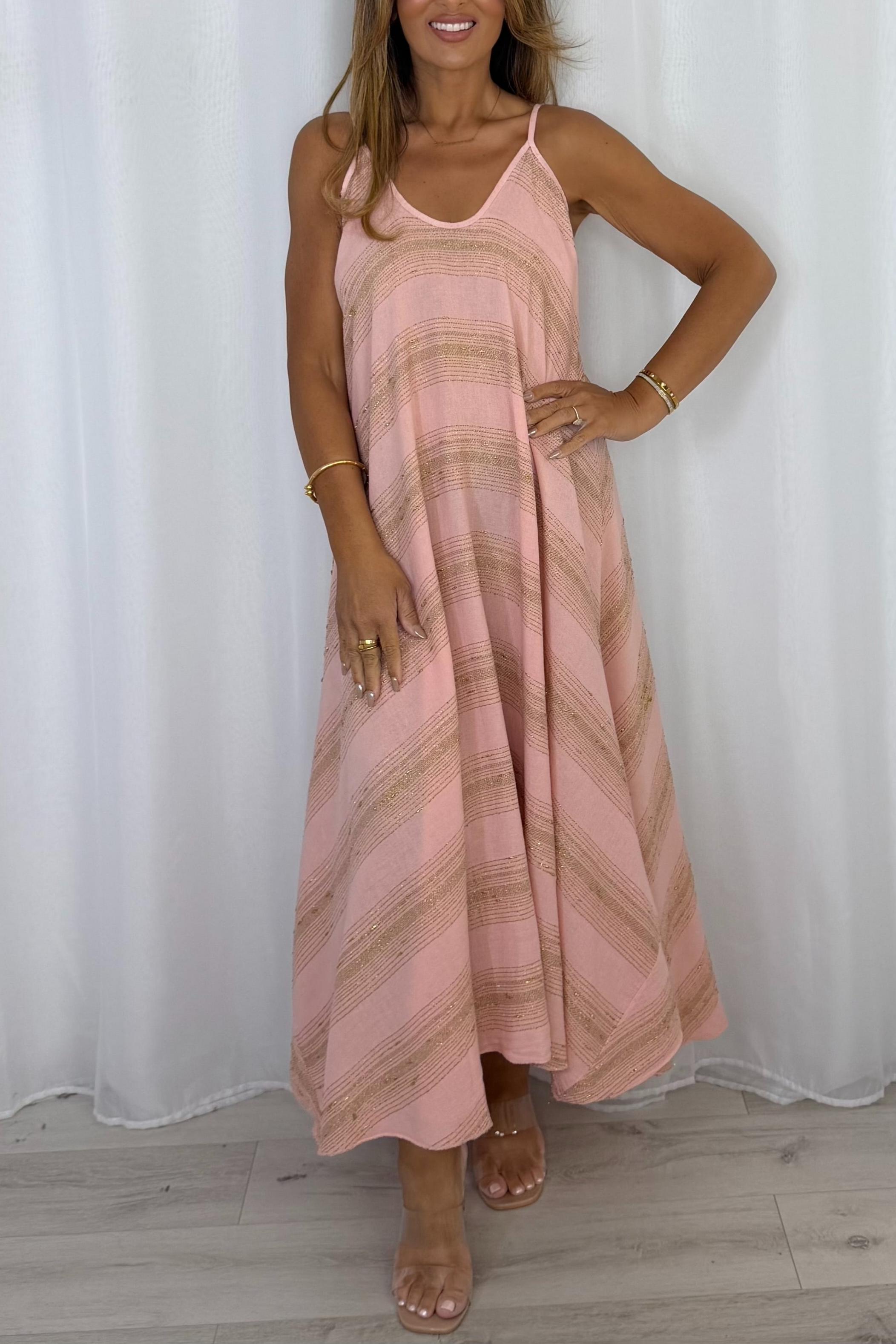 V-Neck Strap Gold Fleck Maxi Dress