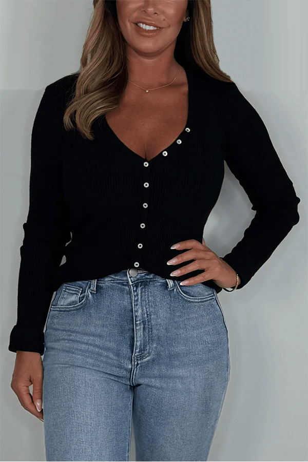 Ribbed Long Sleeve Button Up V-Neck Top