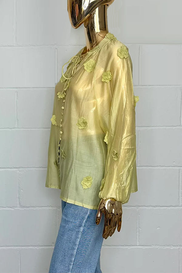 3D Flower Sheer Button Up Blouse