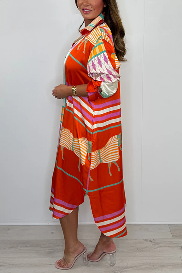 Silk Mix Orange/Cream Horse Print V-Neck Oversize Dress