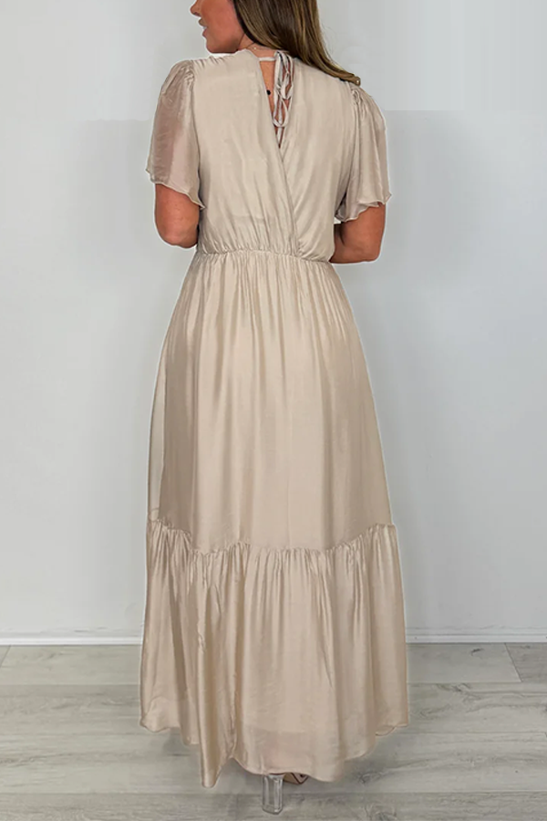 Silk Mix V-Neck Frill Short Sleeve Maxi Dress