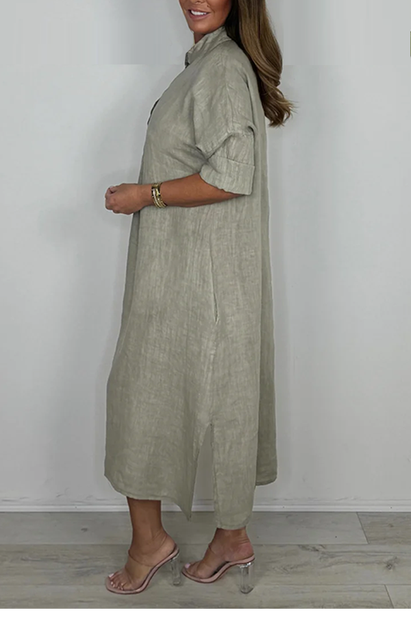 Linen Short Sleeve Maxi Dress With Pockets