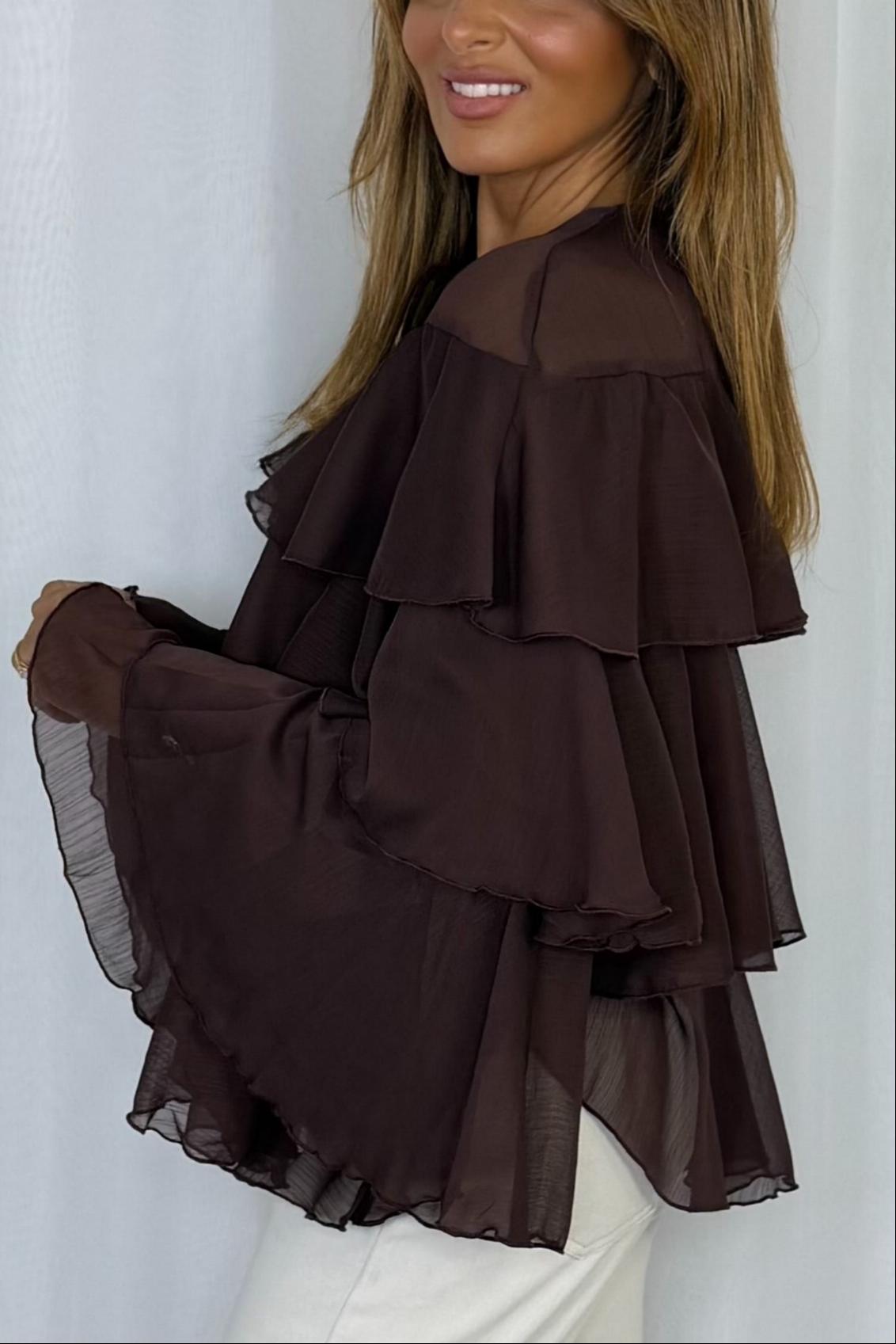 Keyhole Pearl Button Frill Layered Blouse
