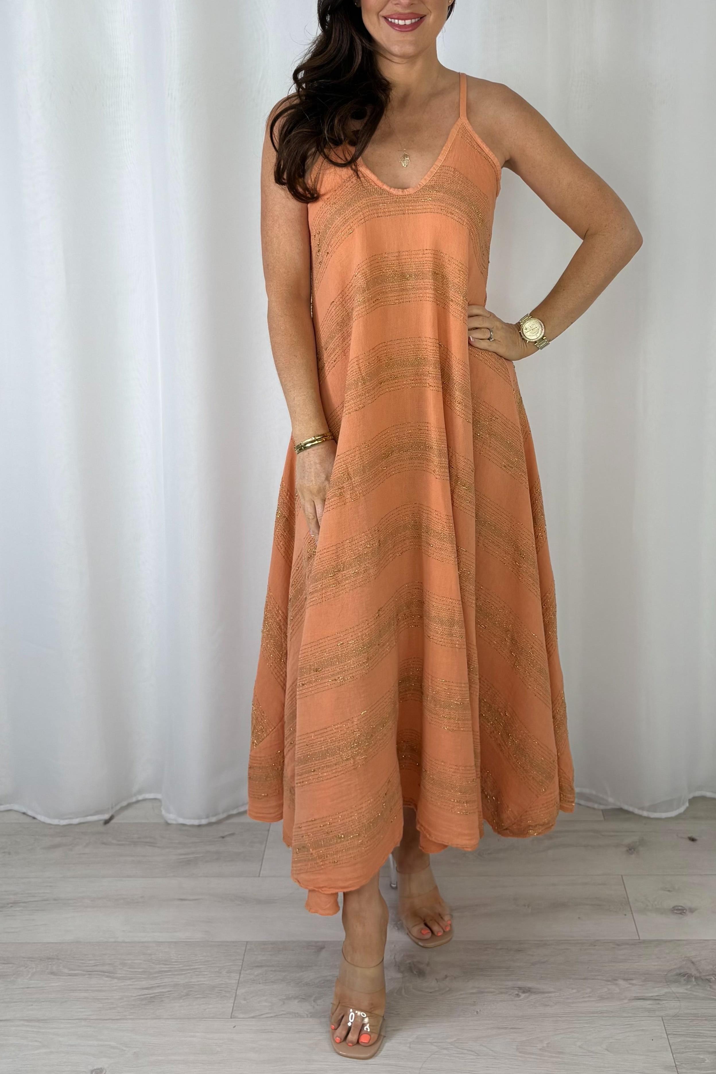 V-Neck Strap Gold Fleck Maxi Dress