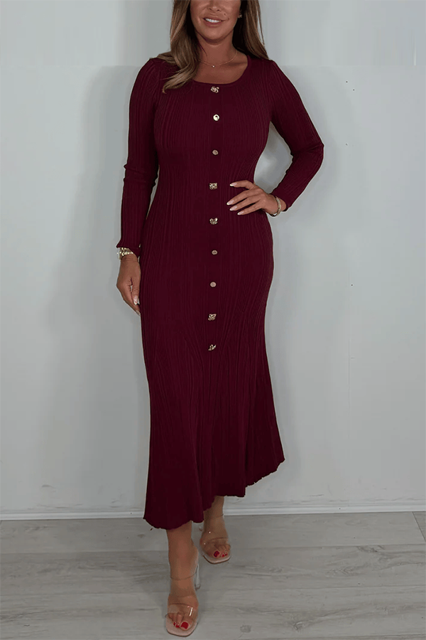 Long Sleeve Textured Gold Button Ribbed Maxi Dress