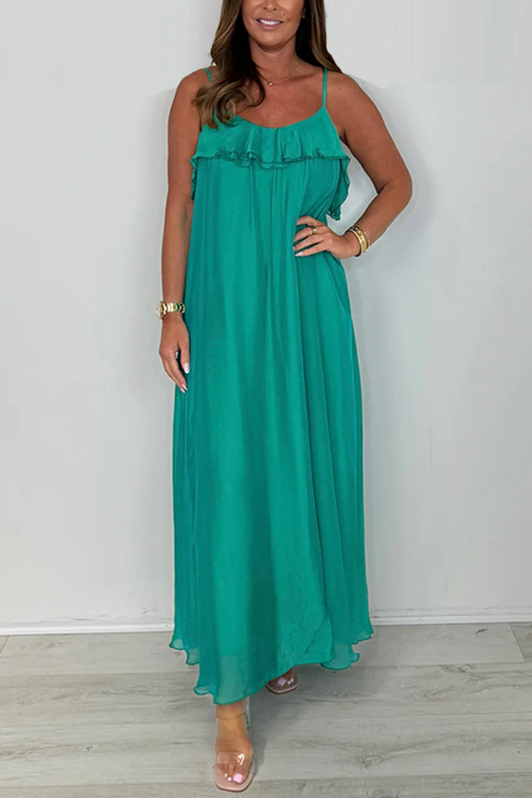 Silk Mix Spaghetti Strap Ruffle Maxi Dress