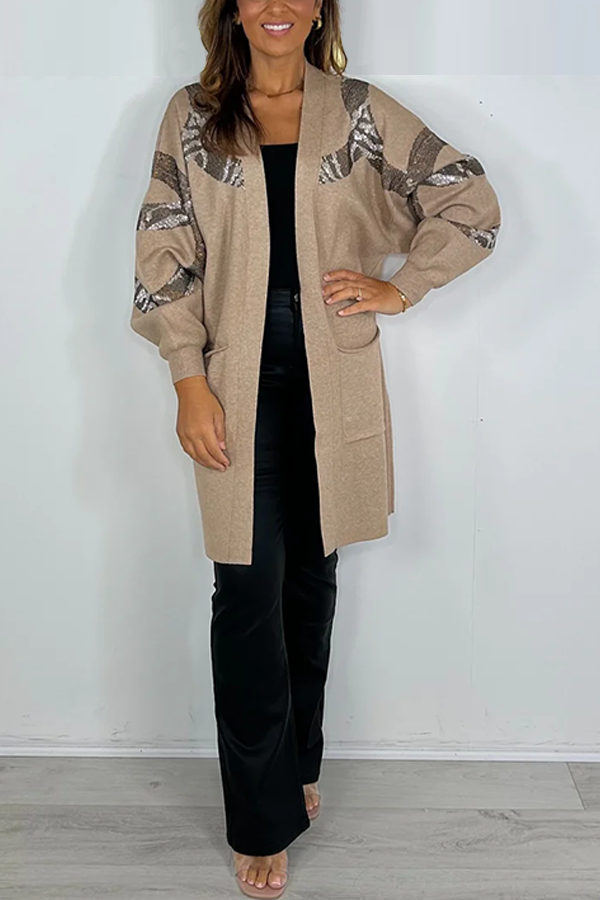 Flat Knit Pocket Gem Swirl Detail Cardigan