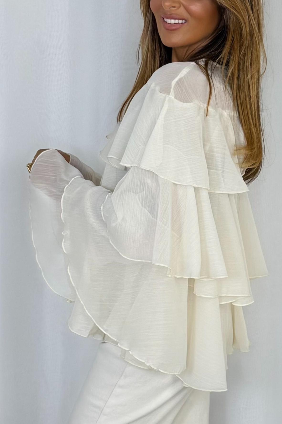 Keyhole Pearl Button Frill Layered Blouse