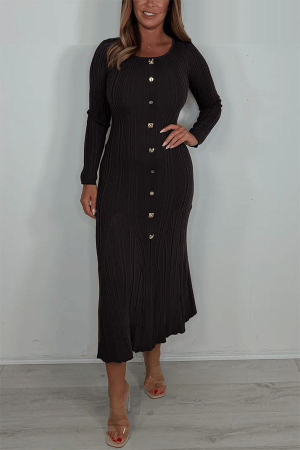 Long Sleeve Textured Gold Button Ribbed Maxi Dress