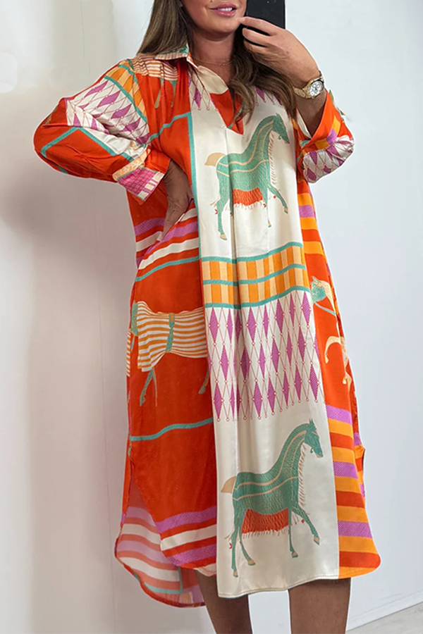 Silk Mix Orange/Cream Horse Print V-Neck Oversize Dress