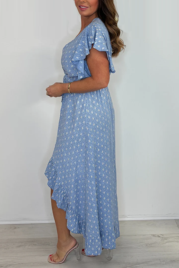 V-Neck High Low Flower Print Ruffle Sleeve Dress