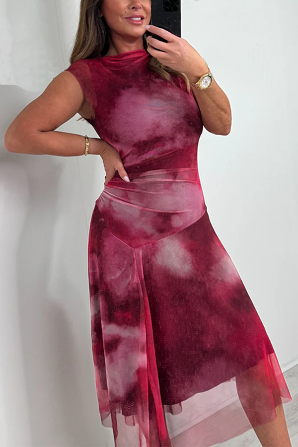 Wine Tie Dye Mesh High Neck Midi Dress