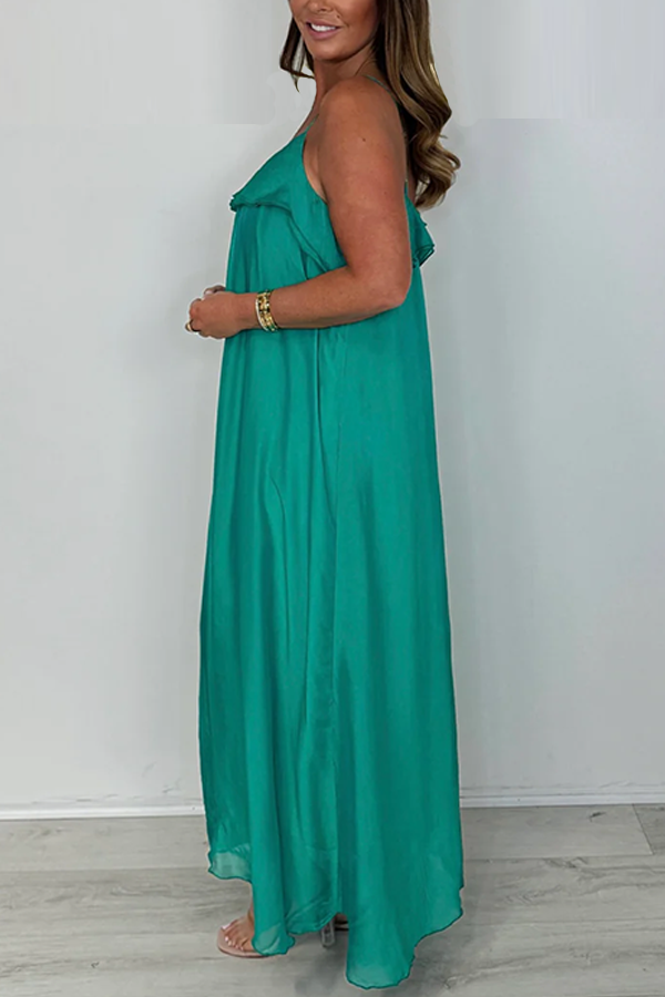 Silk Mix Spaghetti Strap Ruffle Maxi Dress