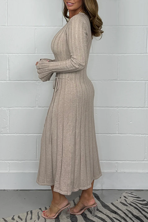 Ribbed v-neck Long Sleeve Tie Waist Knitted Maxi Dress