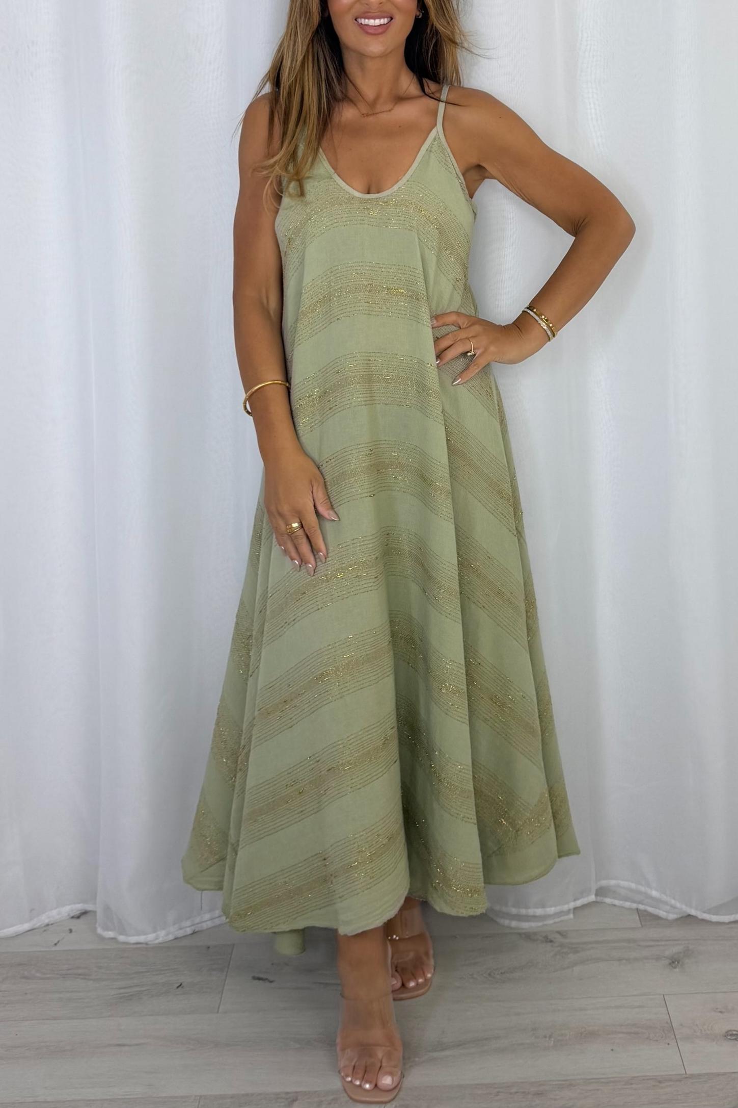 V-Neck Strap Gold Fleck Maxi Dress