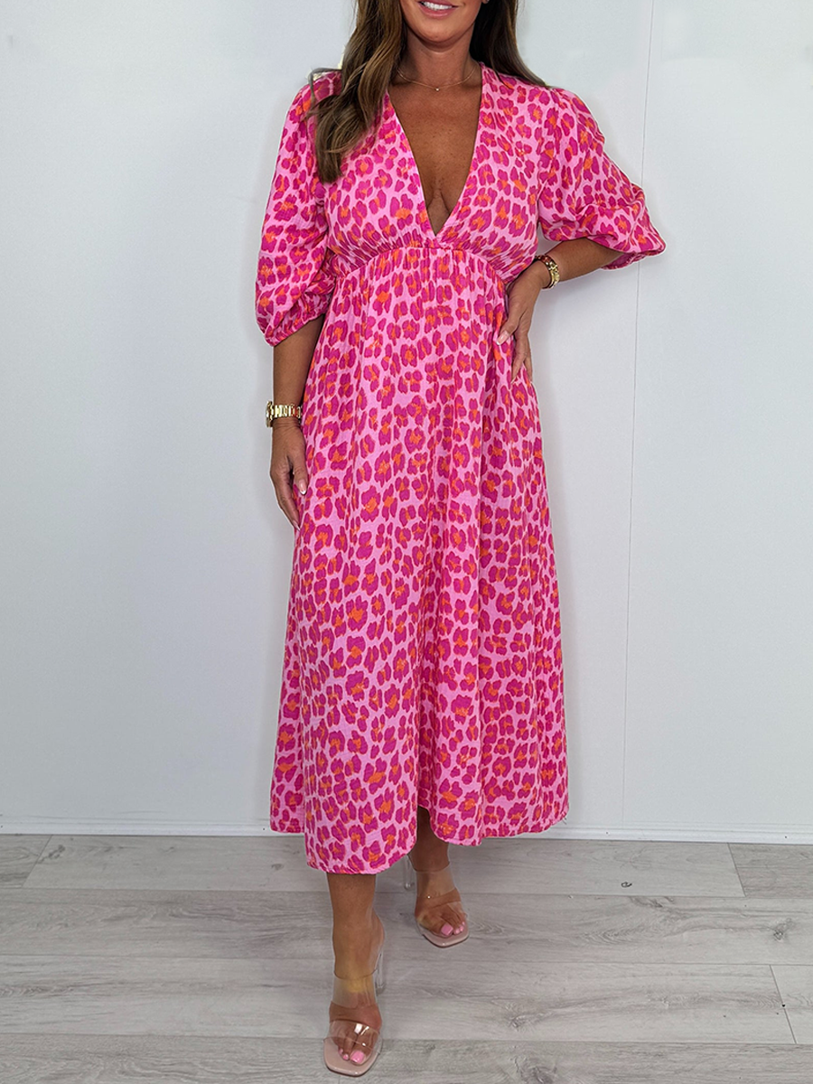 V-Neck Puff Sleeve Cheesecloth Midi Dress