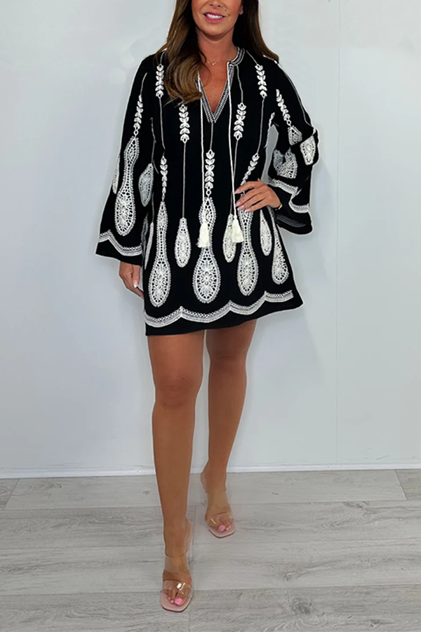 V-Neck Embroidery Tassel Detail Mini Dress