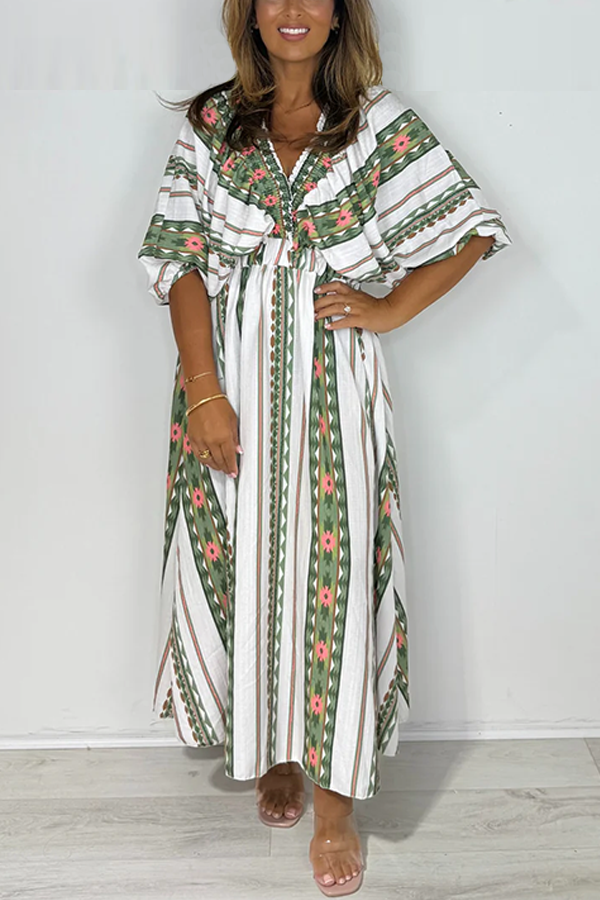 Aztec Print V-Neck Smocked Waist Dress