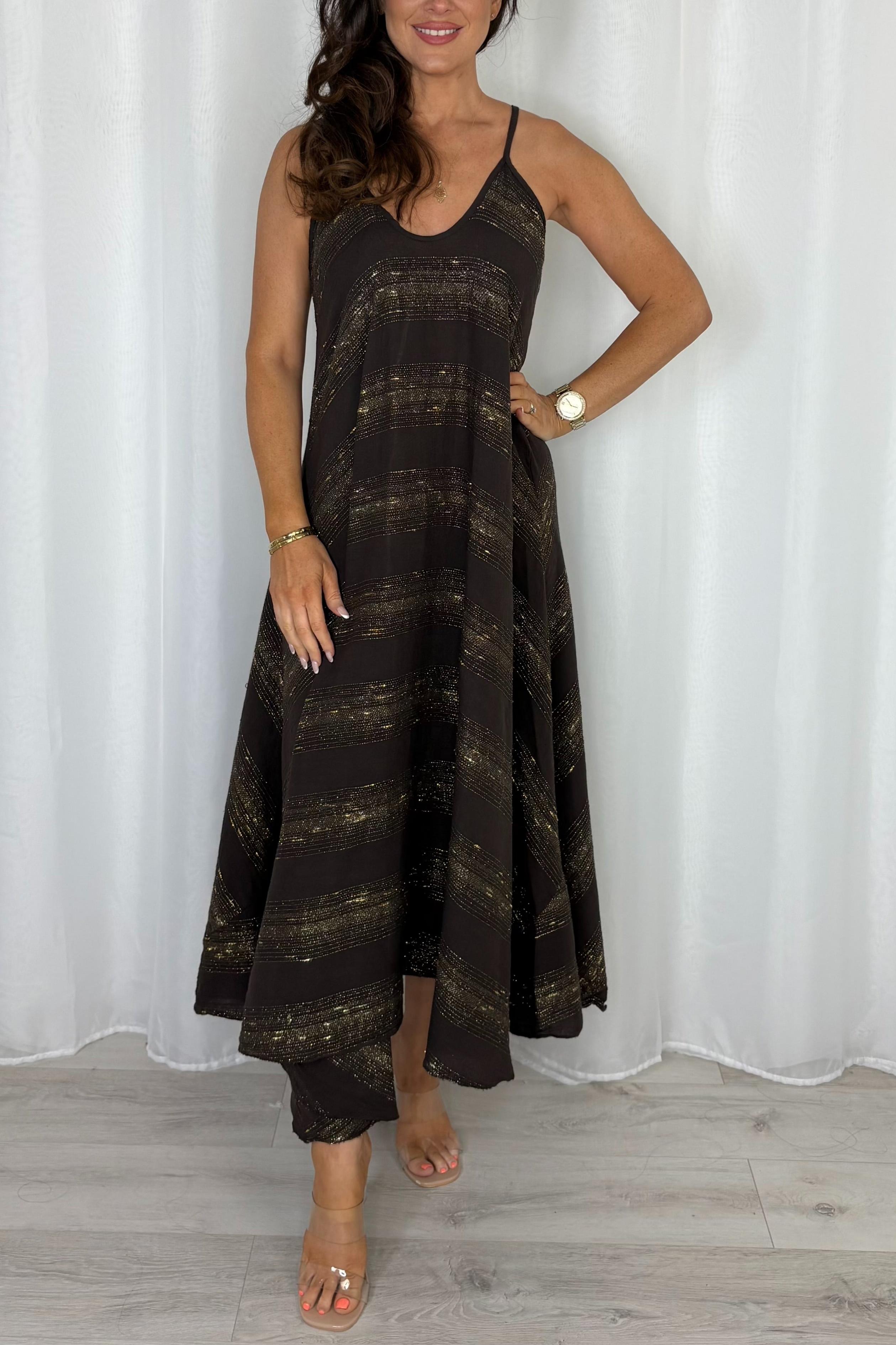 V-Neck Strap Gold Fleck Maxi Dress