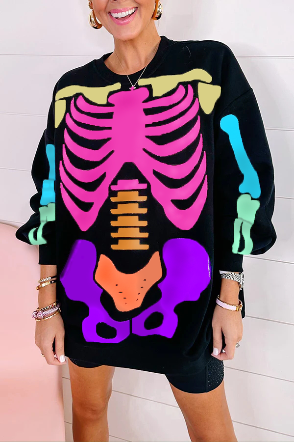 Rainbow Skeleton Sweatshirt Dress - Black