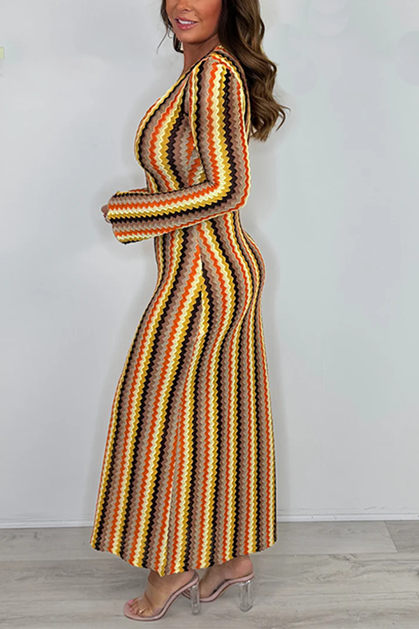 Long Bell Sleeve V-Neck Gold Ring Detail Zigzag Dress