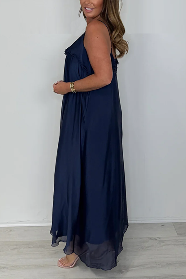 Silk Mix Spaghetti Strap Ruffle Maxi Dress