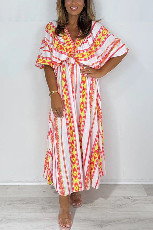 Aztec Print V-Neck Smocked Waist Dress
