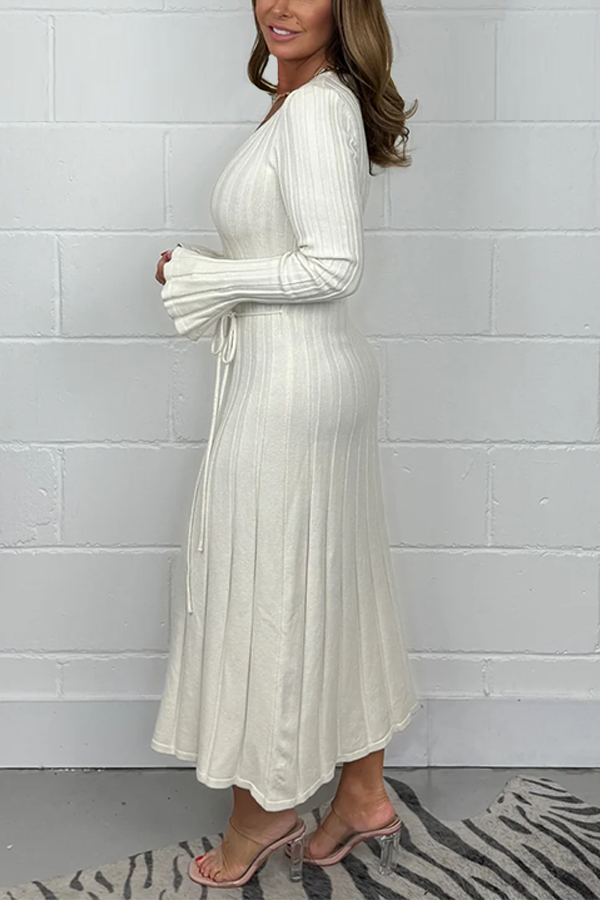 Ribbed v-neck Long Sleeve Tie Waist Knitted Maxi Dress