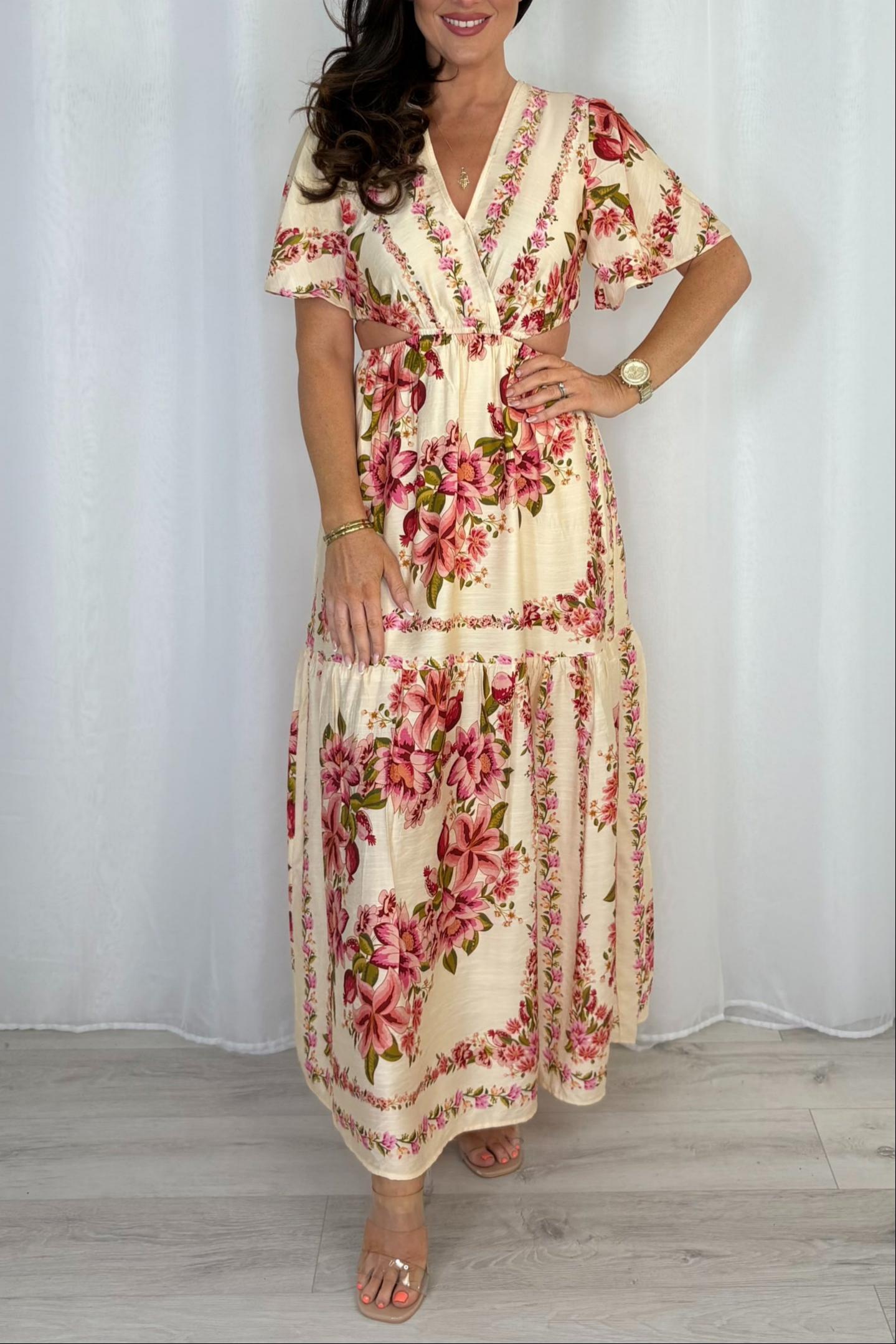 Floral Side Cut Out V-Neck Maxi Dress