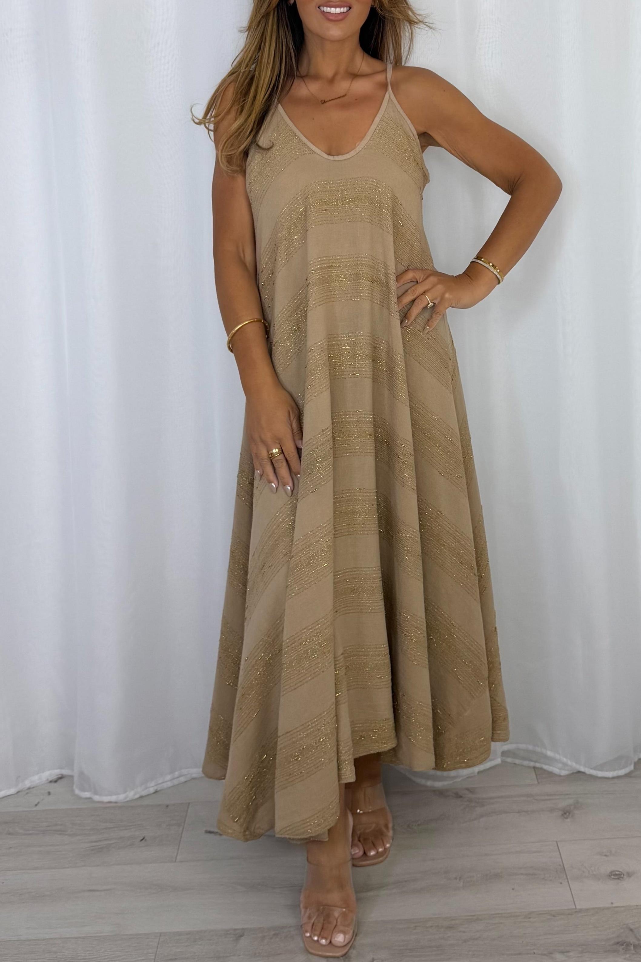 V-Neck Strap Gold Fleck Maxi Dress