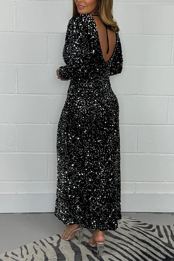 Long Sleeve Sequin Velvet Dress