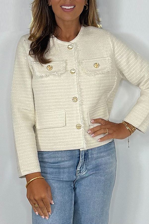 Cream Shimmer Fleck Raw Edge Gold Button Cardigan