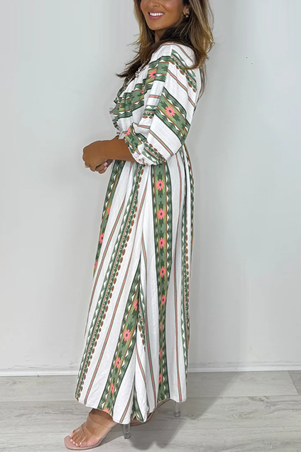 Aztec Print V-Neck Smocked Waist Dress